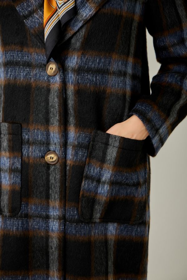 Brushed Long Plaid Coat