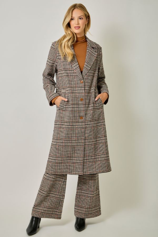 Houndstooth Plaid Long Coat