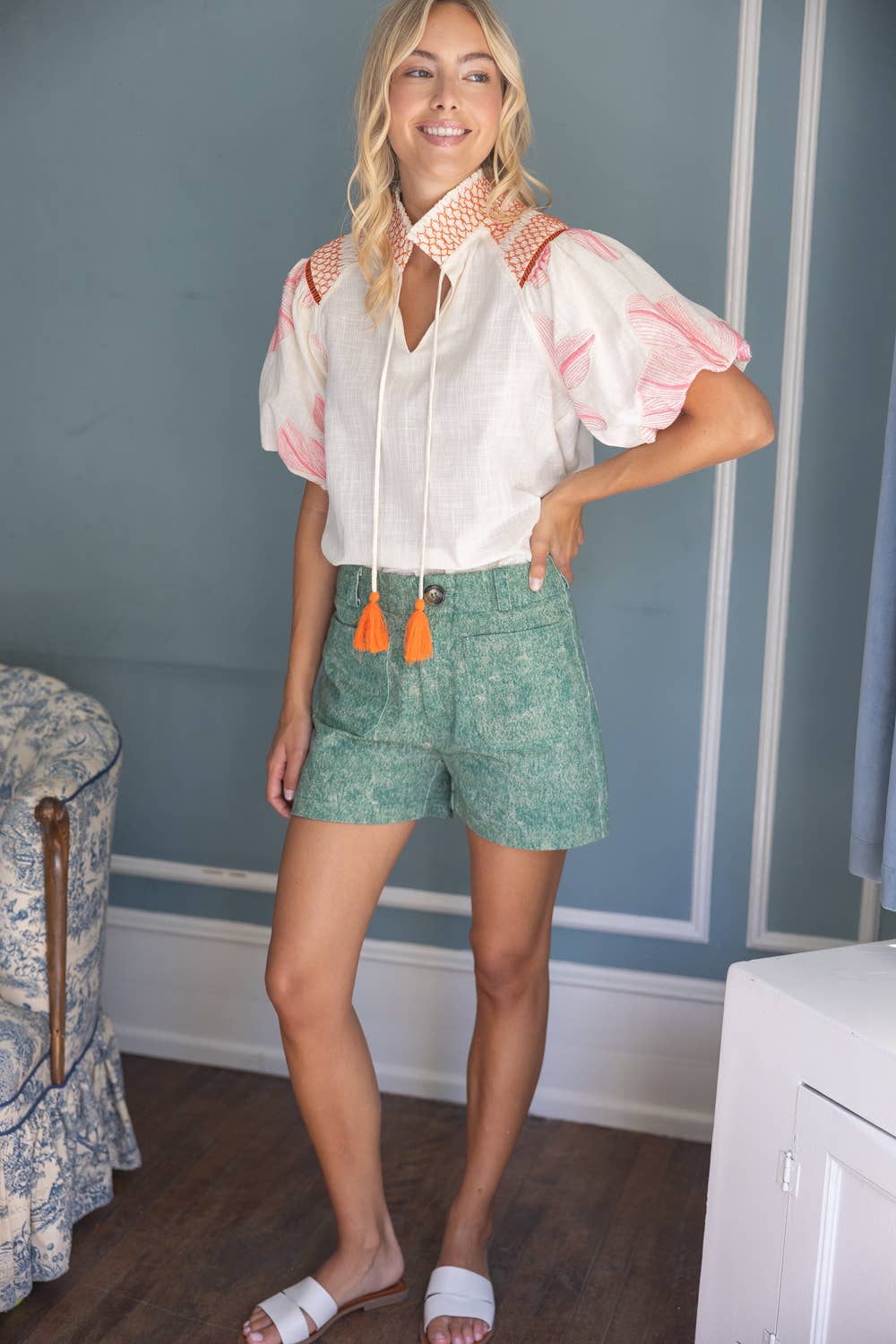 Embroidery Contrast Smocked Neck Top
