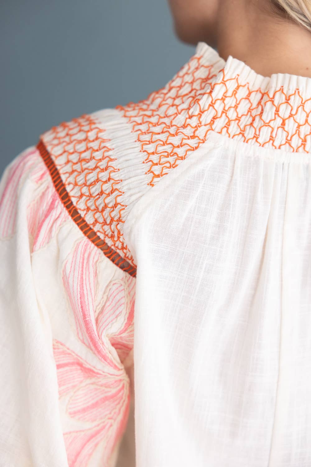 Embroidery Contrast Smocked Neck Top
