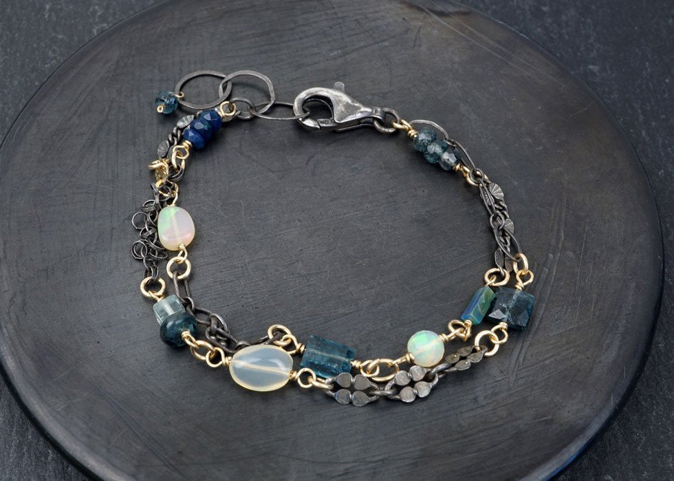 MOSS KYANITE, OPALS & AQUAMARINE BRACELET