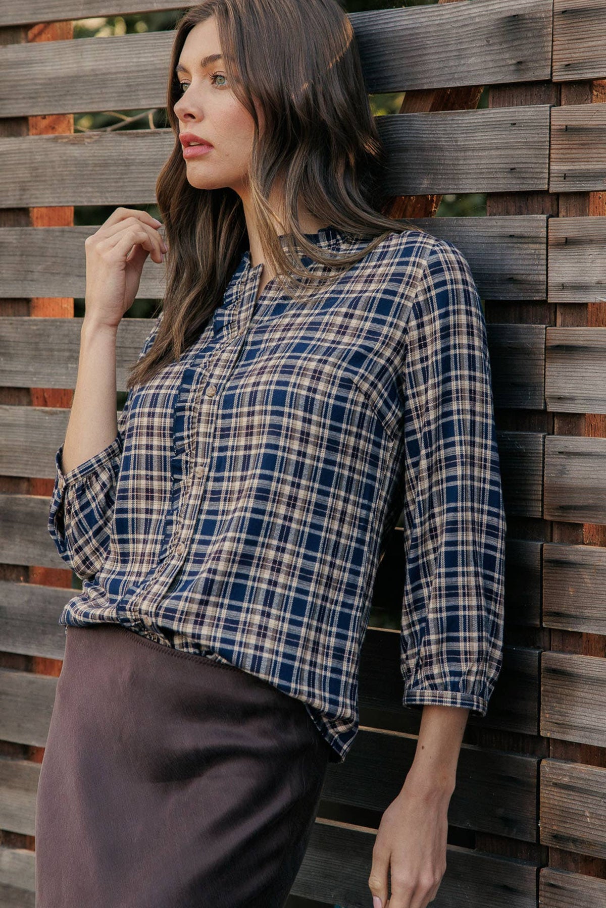 PLAID RUFFLE NECK BUTTON DOWN SHIRT