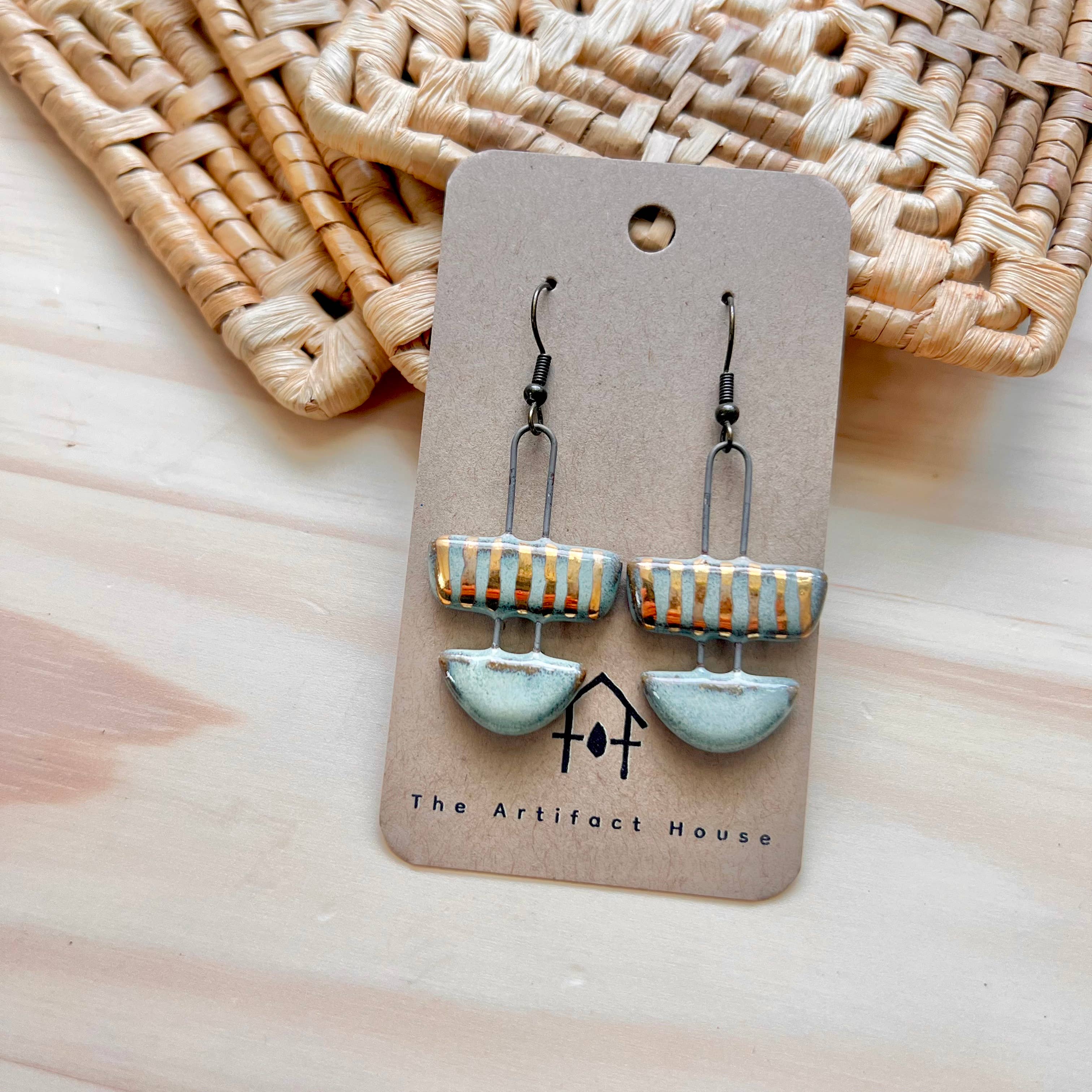Two Piece Striped Ceramic Earrings