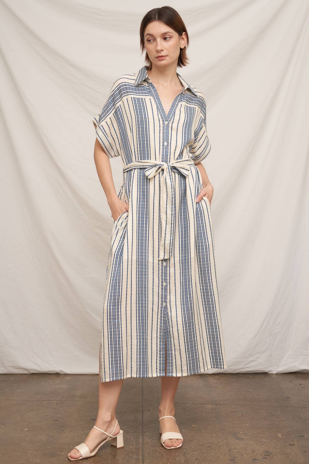Striped Belted Shirt Midi Dress