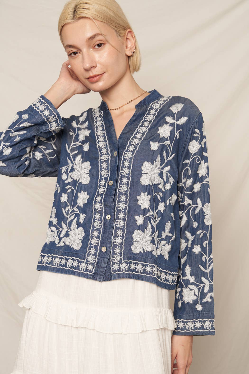 Embroidered Denim Button Down Top