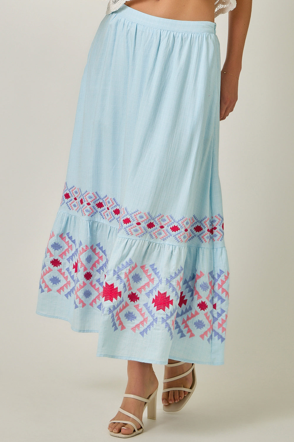 Embroidered Pinstripe Midi Skirt