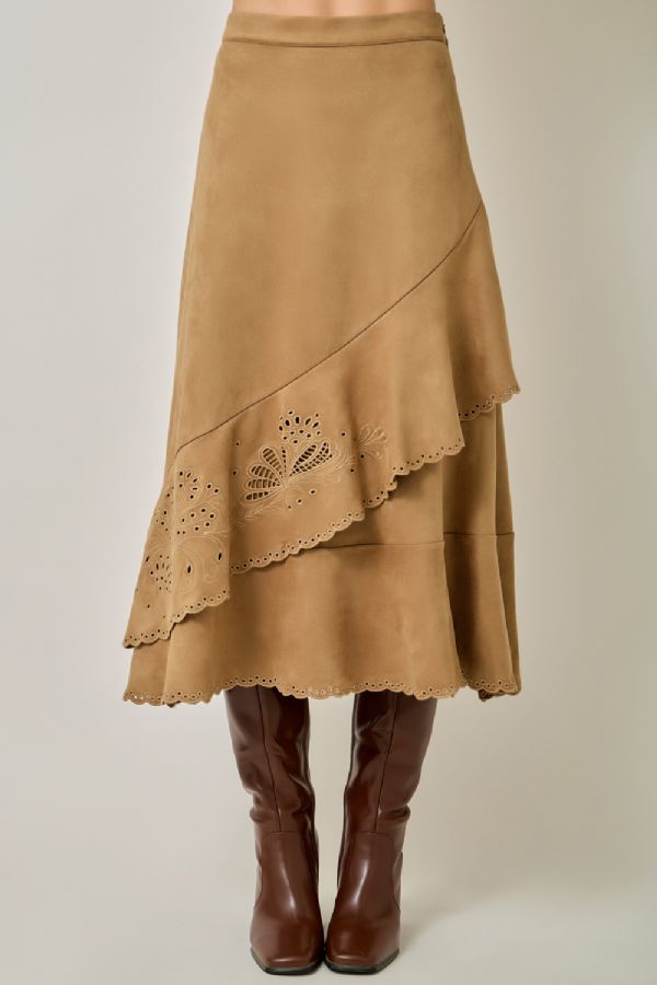 Suede Embroidered Midi Skirt