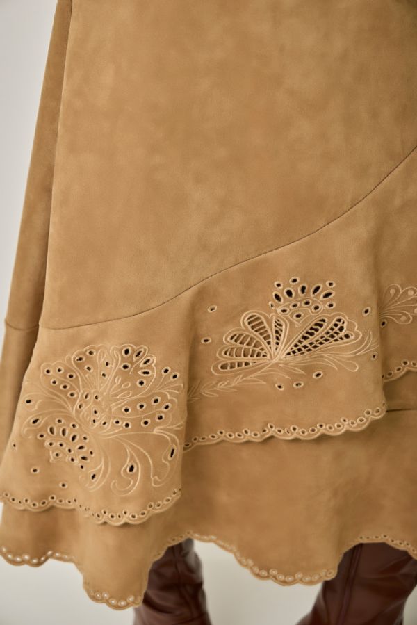 Suede Embroidered Midi Skirt