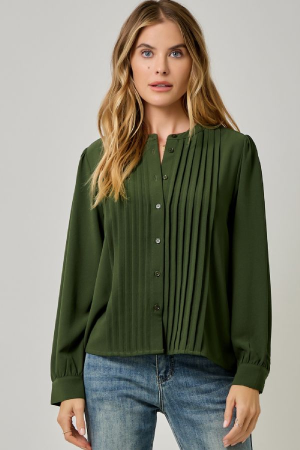 Front Pleat Button Down Blouse