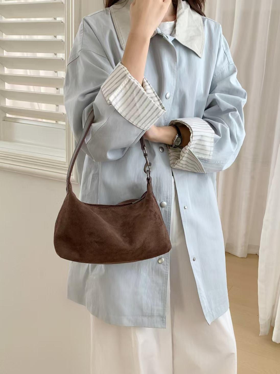 Faux Suede & Leather Shoulder/Crossbody Bag