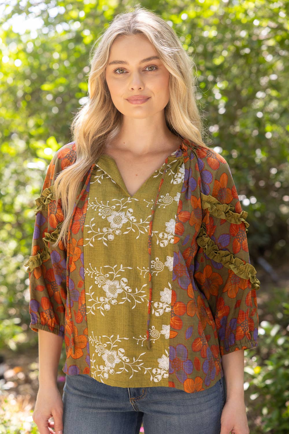 3/4 Sleeve Ruffled Mix Print Top