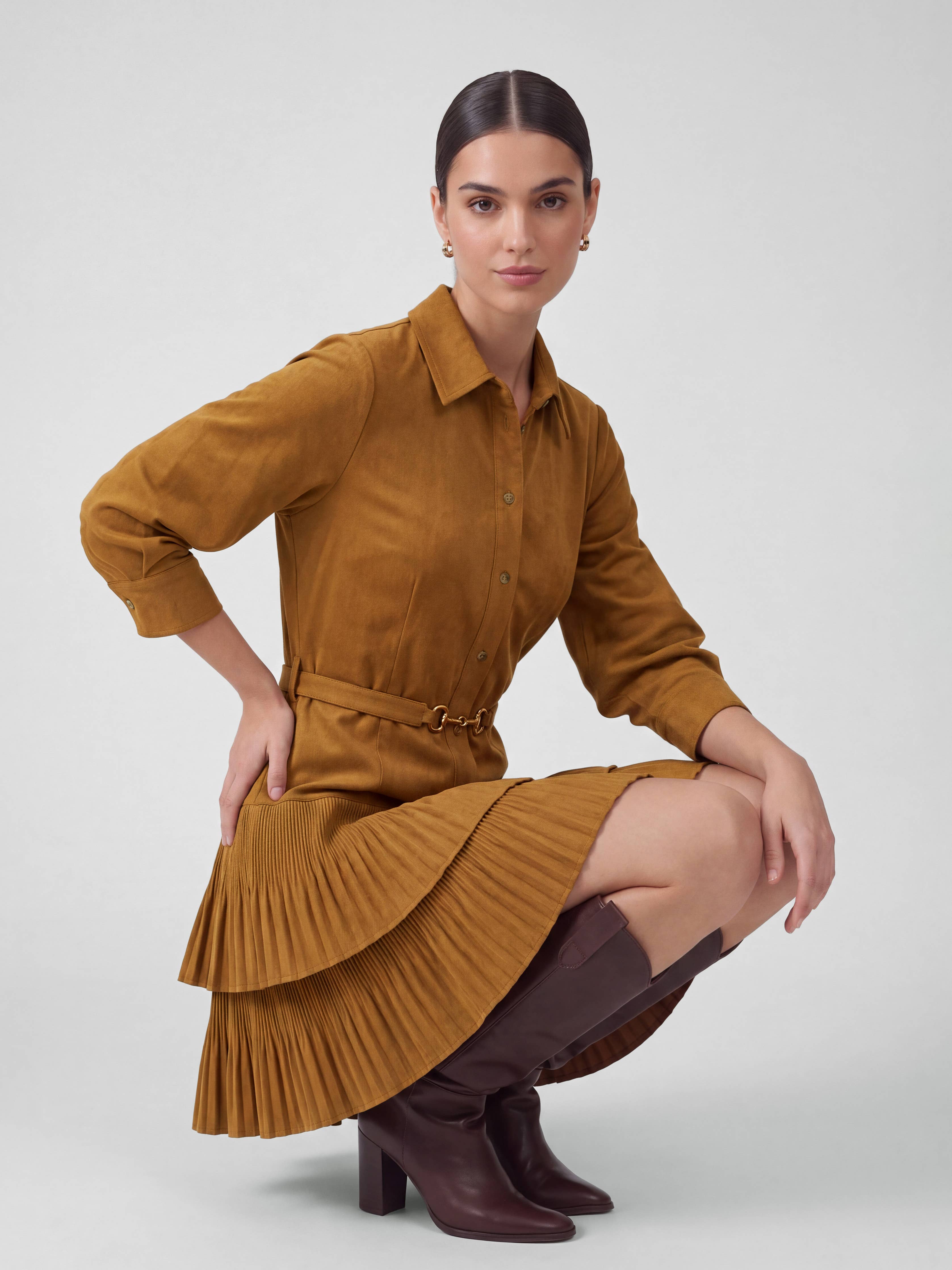 Corduroy Tiered Pleated Dress