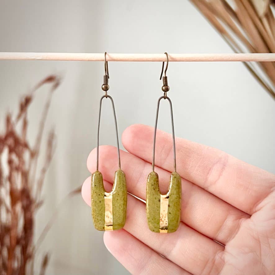 Olive & Gold Rectangle Earrings