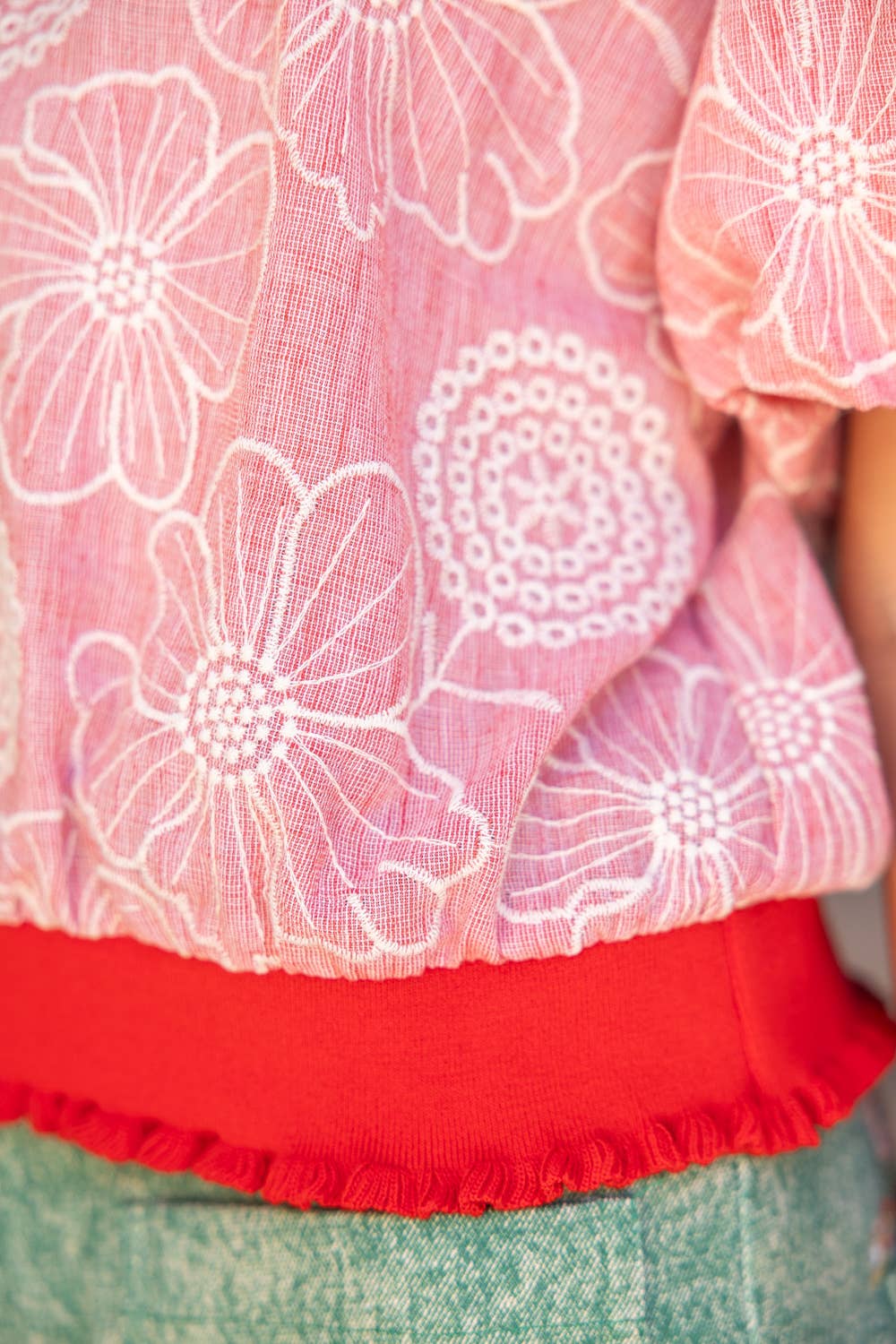 Accent Band Floral Embroidered Top