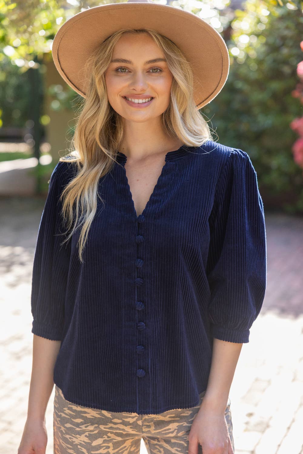 Half Sleeve Button Down Corduroy Top