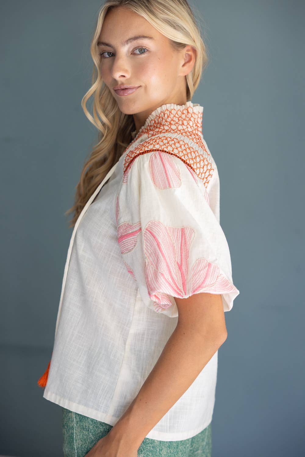 Embroidery Contrast Smocked Neck Top