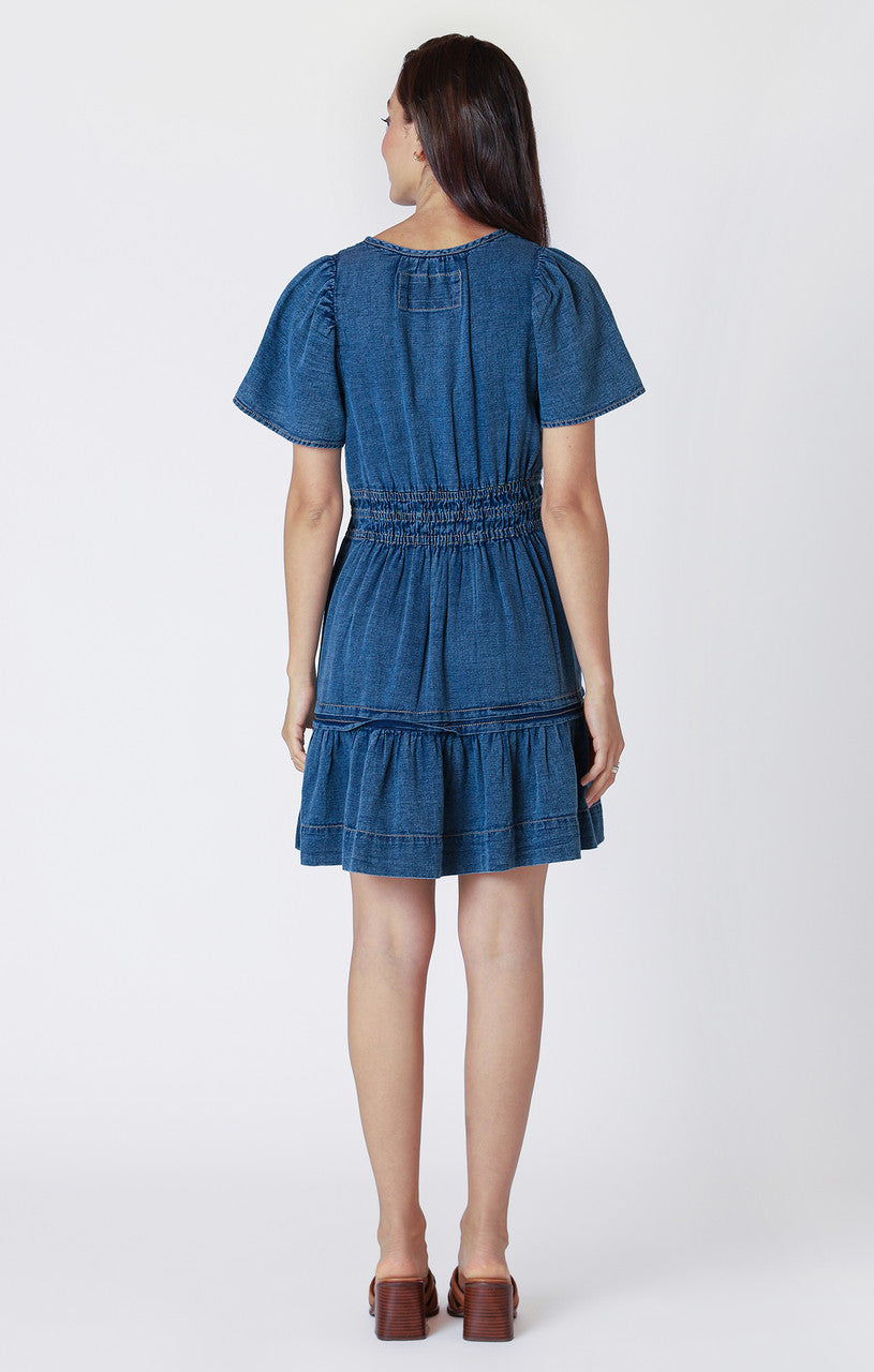 SS TIERED DENIM EFFECT MINI DRESS