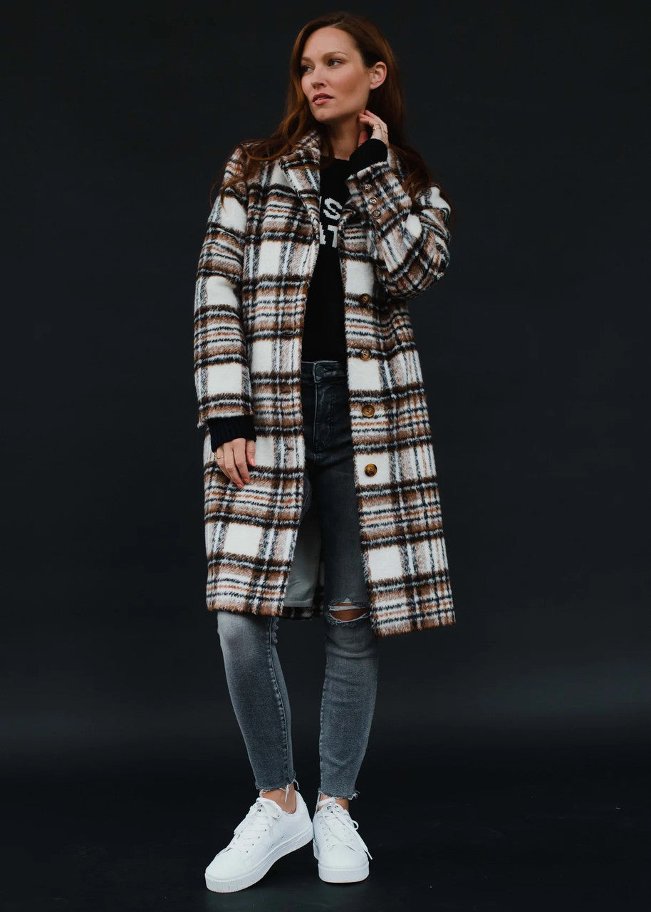 White, Brown & Black Plaid Coat