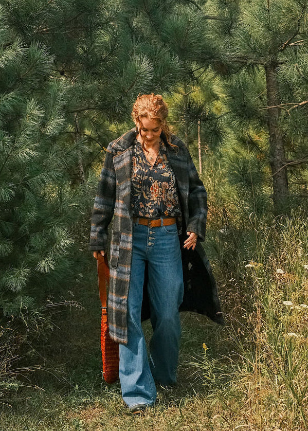 Brushed Long Plaid Coat