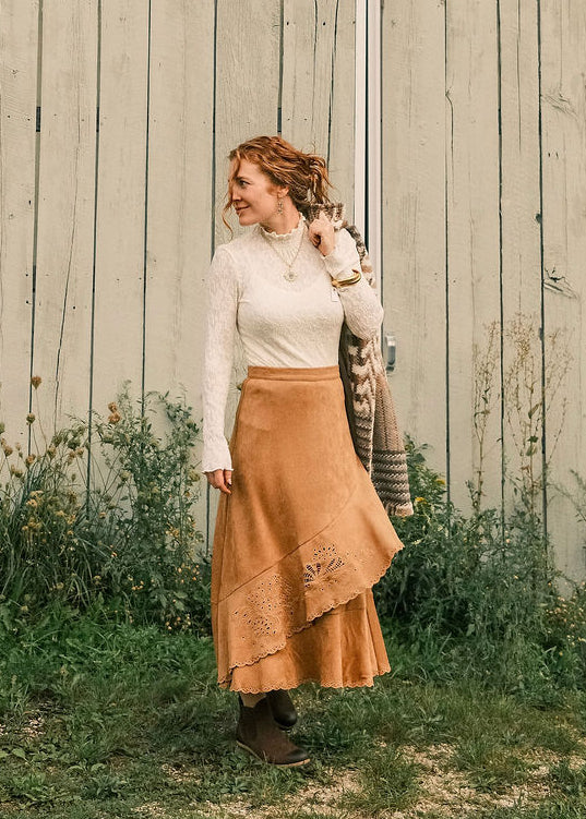 Suede Embroidered Midi Skirt