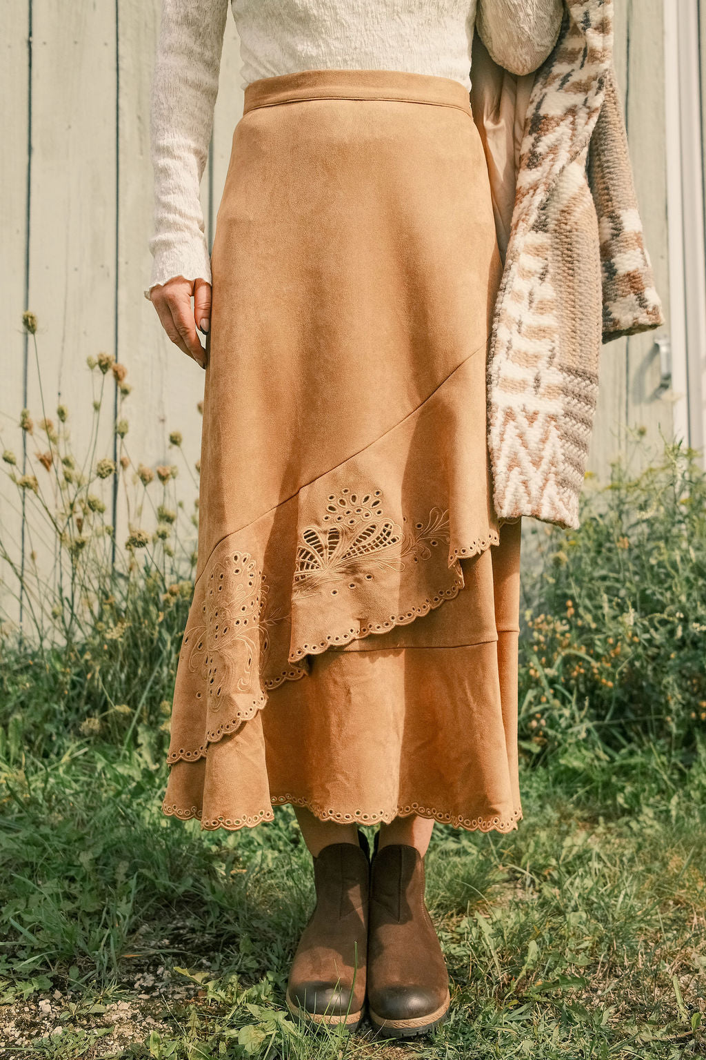 Suede Embroidered Midi Skirt