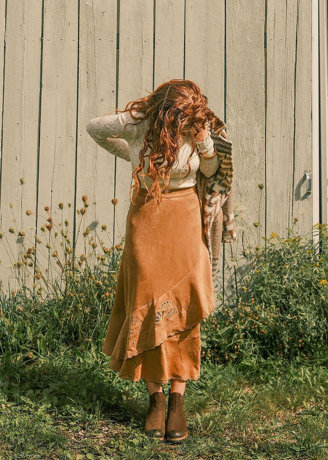 Suede Embroidered Midi Skirt