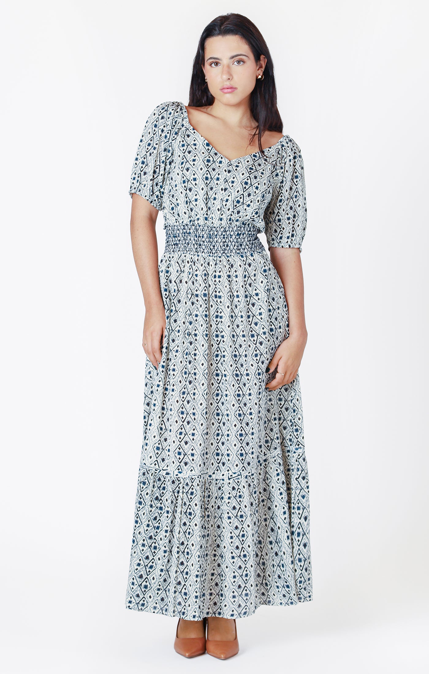 SMOCKED WAIST TIERED MAXI DRESS