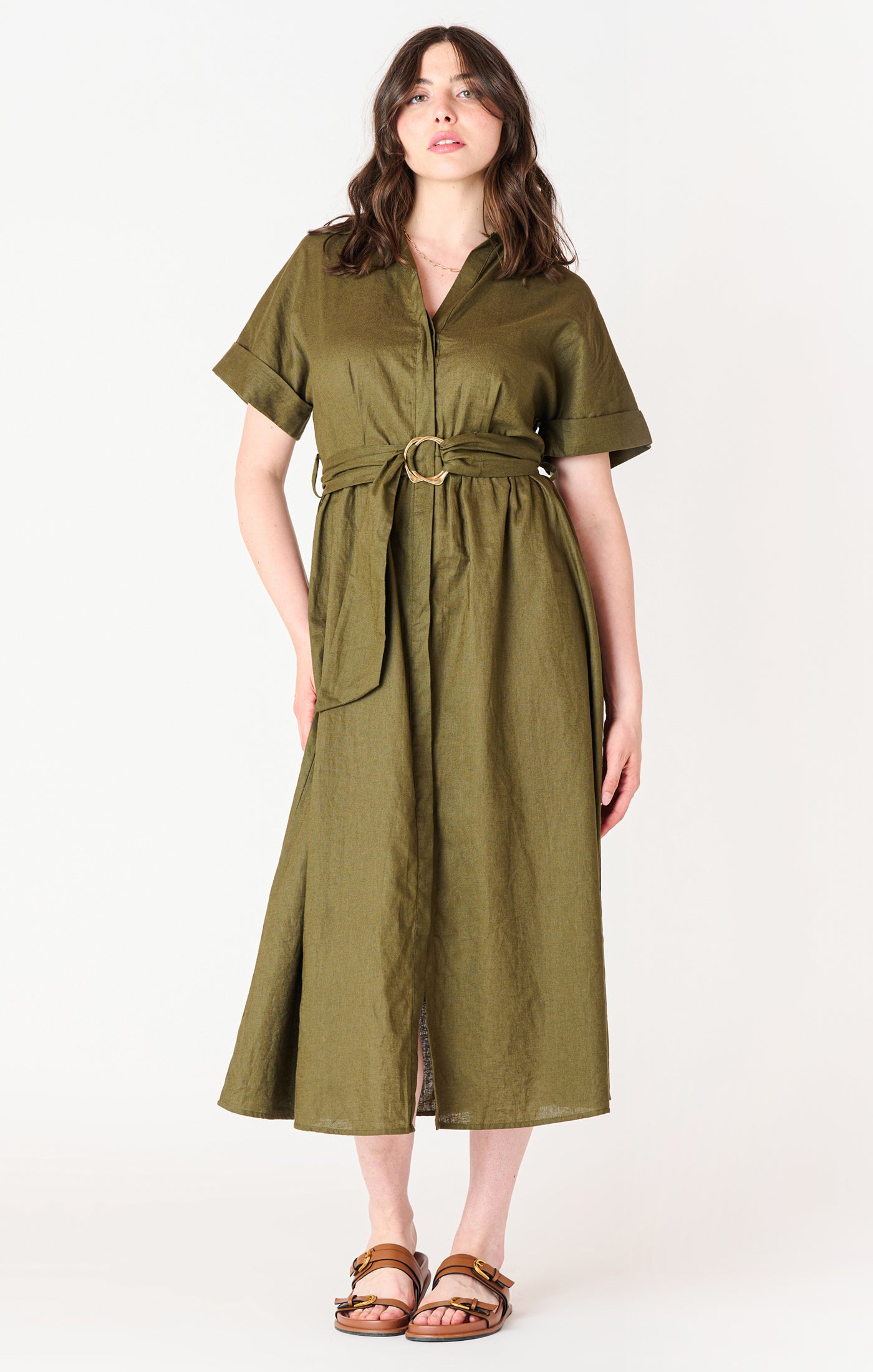 SS BELTED MIDI SHIRT DRESS