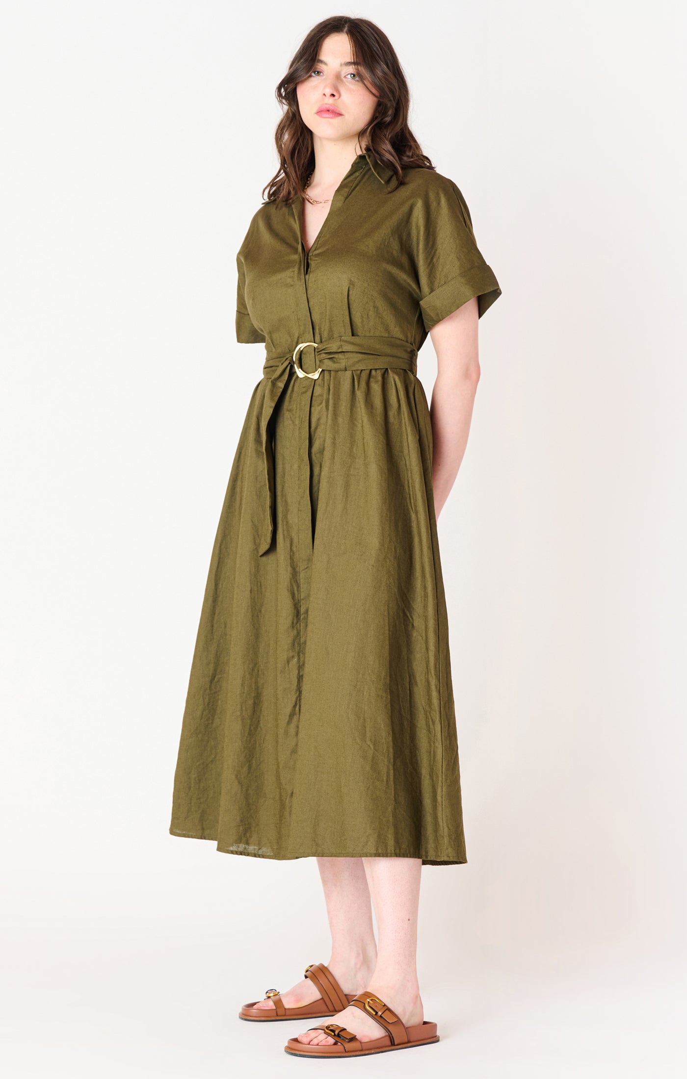 SS BELTED MIDI SHIRT DRESS