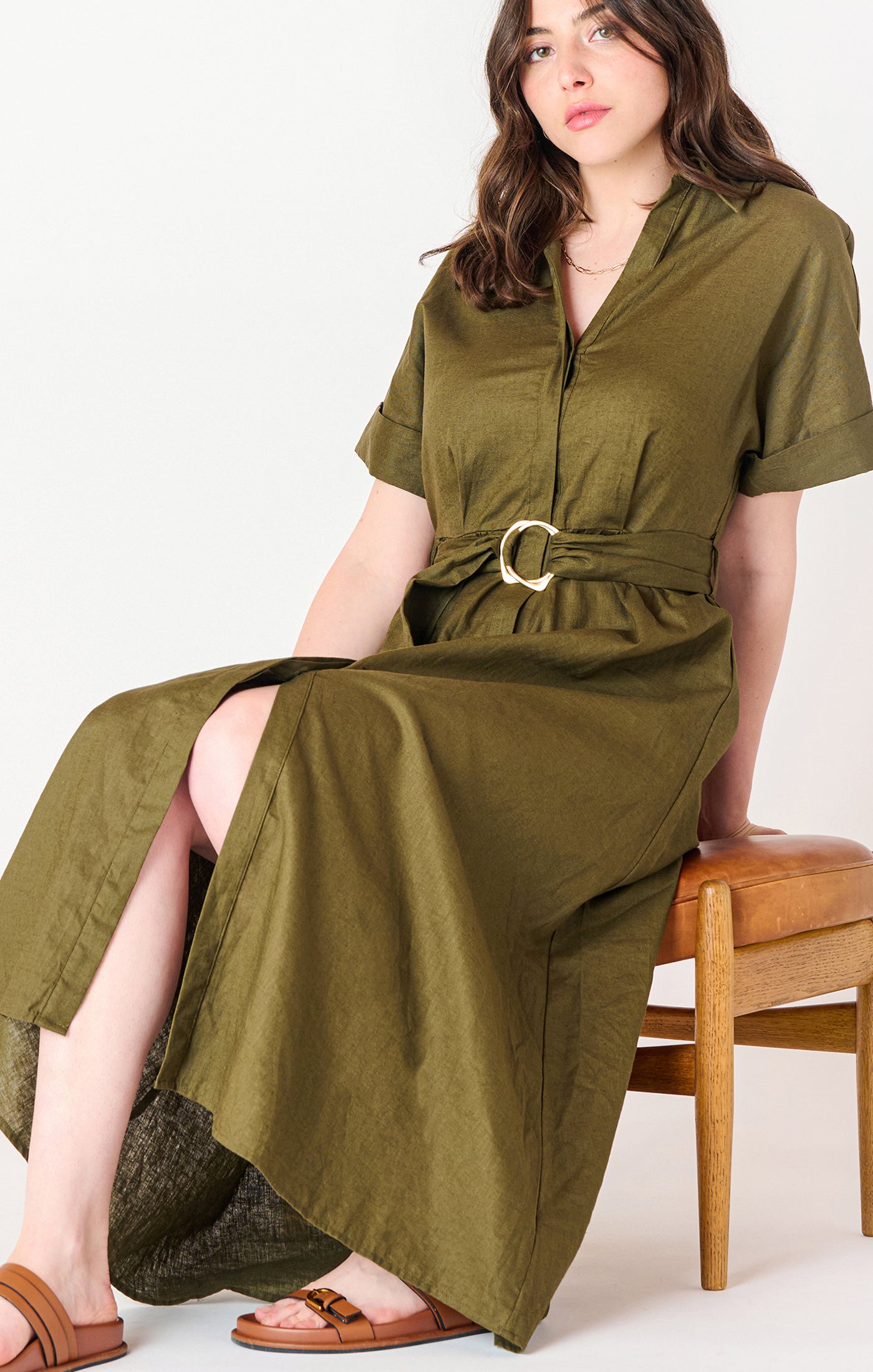 SS BELTED MIDI SHIRT DRESS