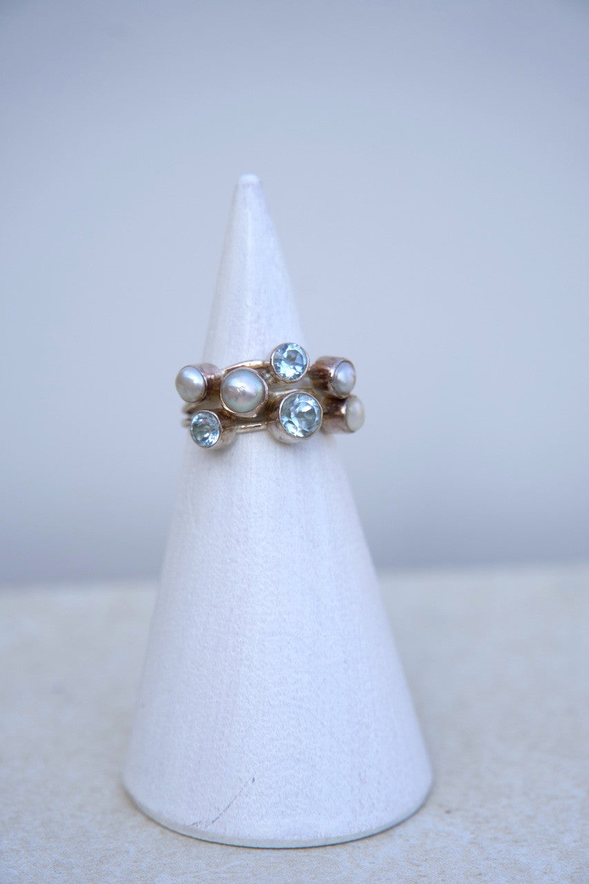 SS Blue Topaz & Pearl Ring