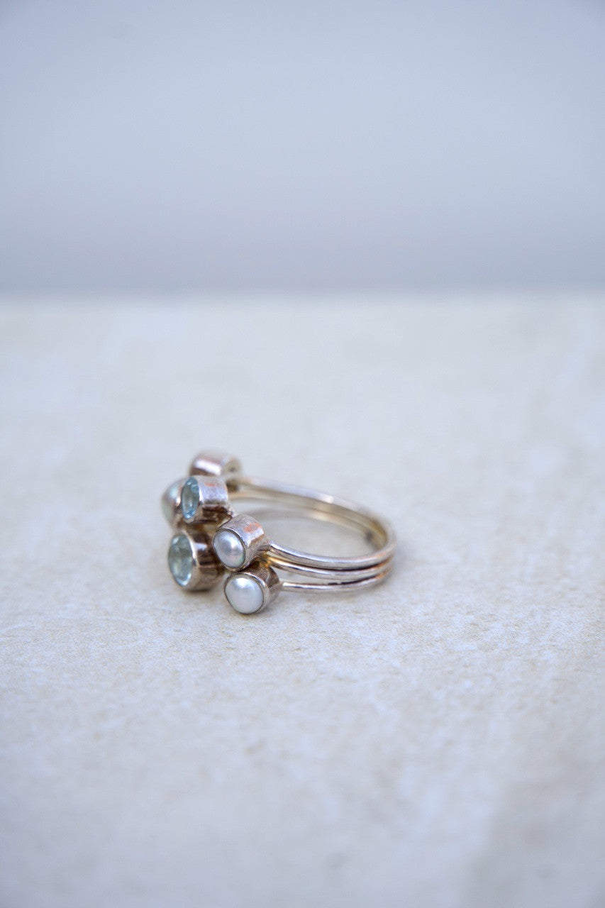 SS Blue Topaz & Pearl Ring