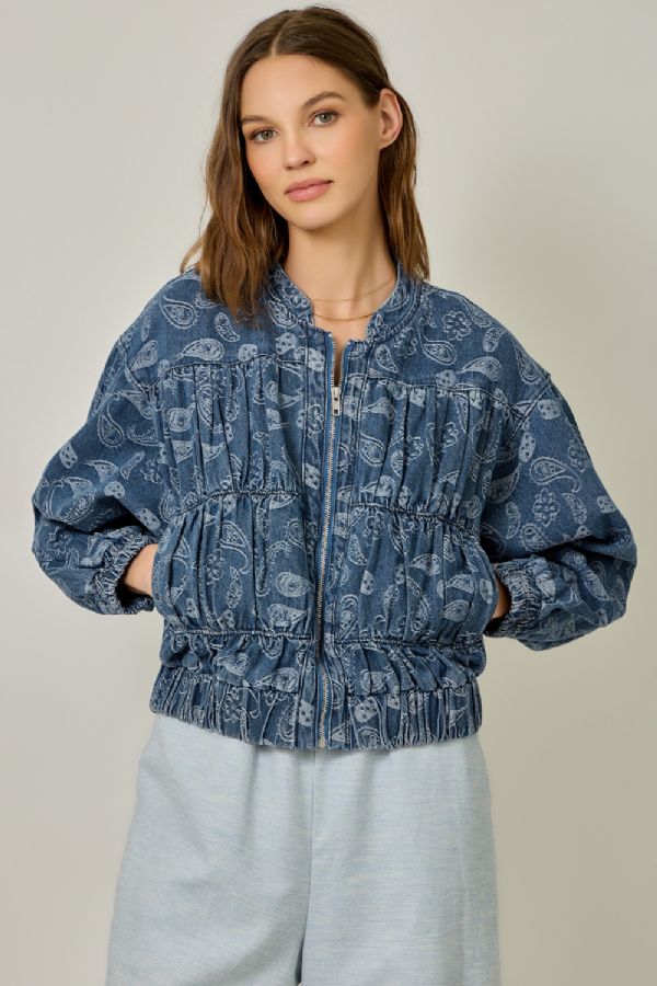 Ruched Denim Bomber Jacket