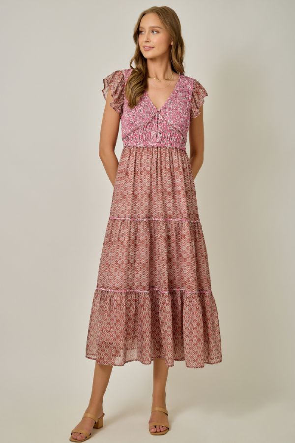 Mix Print V-Neck Dress