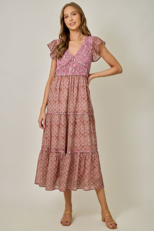 Mix Print V-Neck Dress