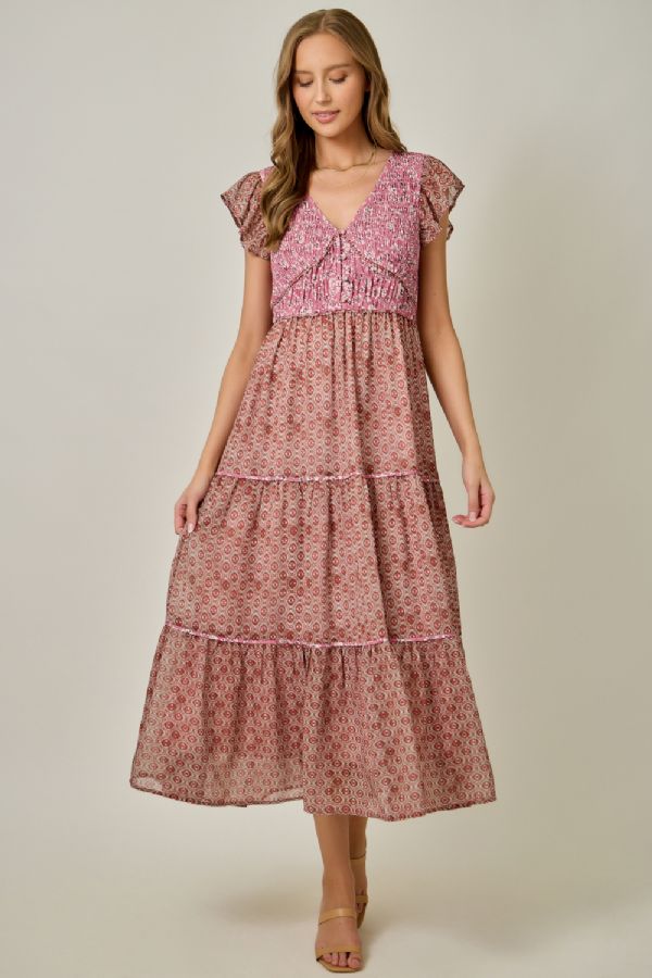 Mix Print V-Neck Dress