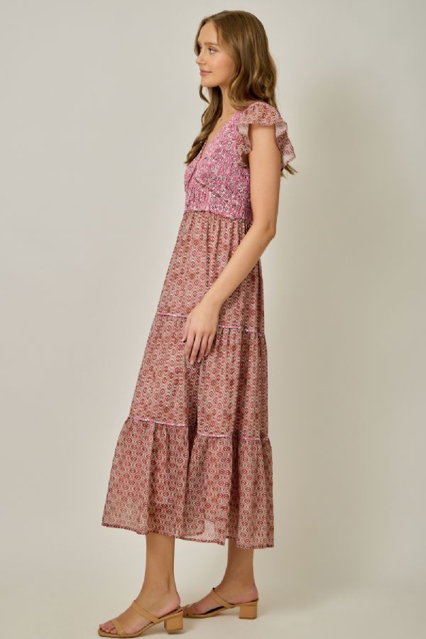 Mix Print V-Neck Dress