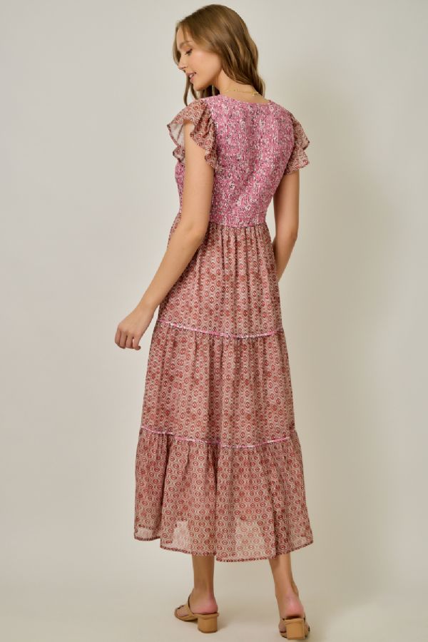 Mix Print V-Neck Dress