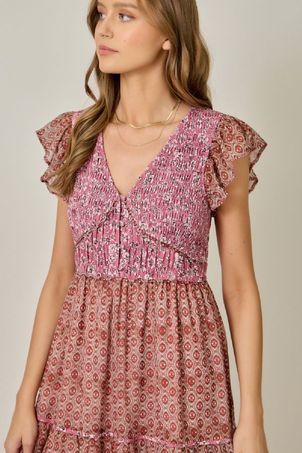 Mix Print V-Neck Dress