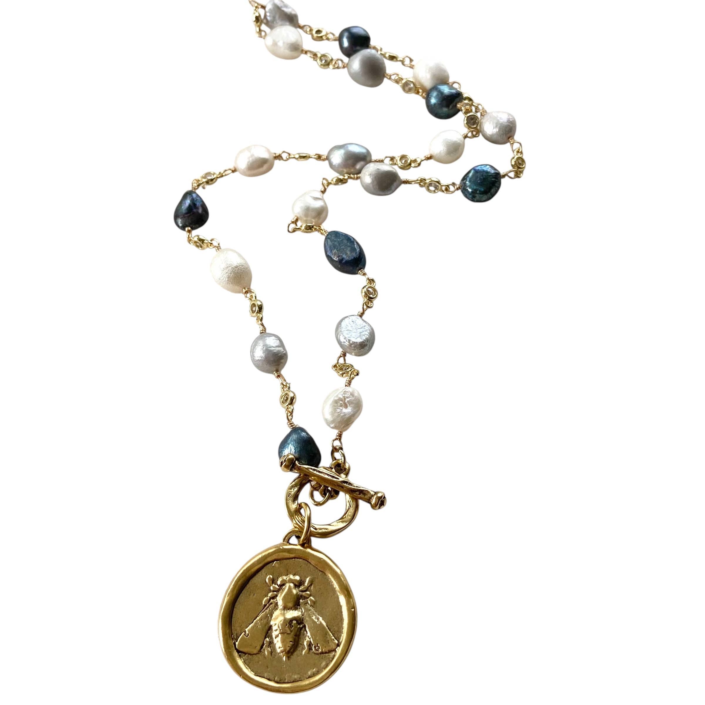 Denim Pearl Bee Medallion Necklace