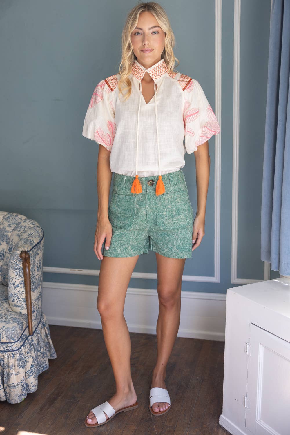 Embroidery Contrast Smocked Neck Top