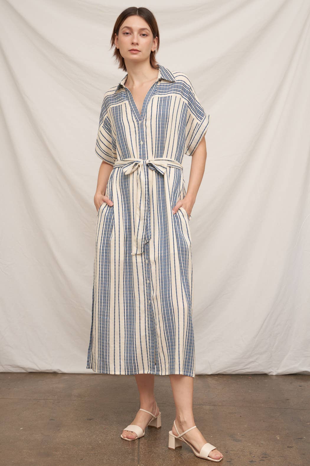 Striped Belted Shirt Midi Dress