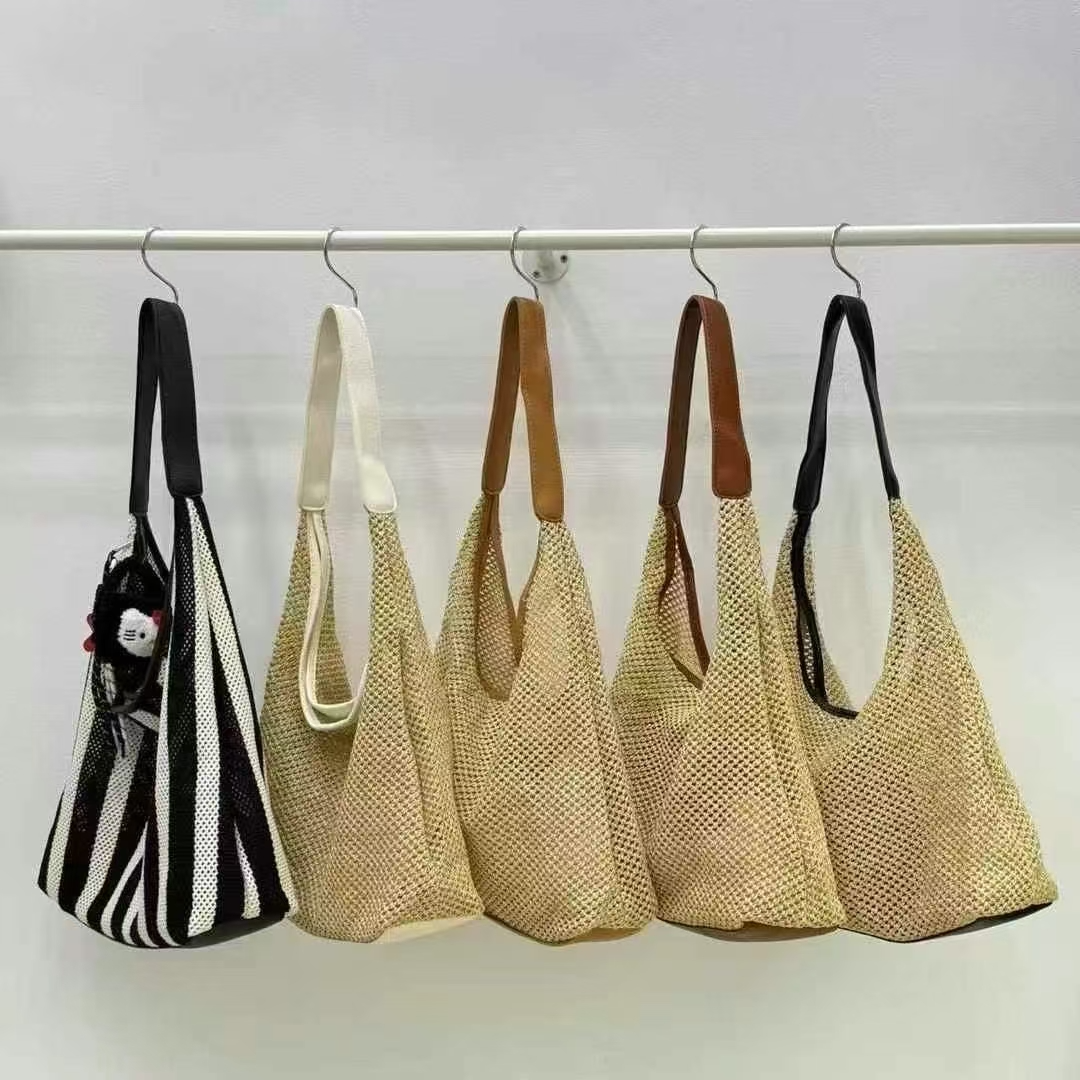 Wide Strap Straw Shoulder Bag w/Pouch