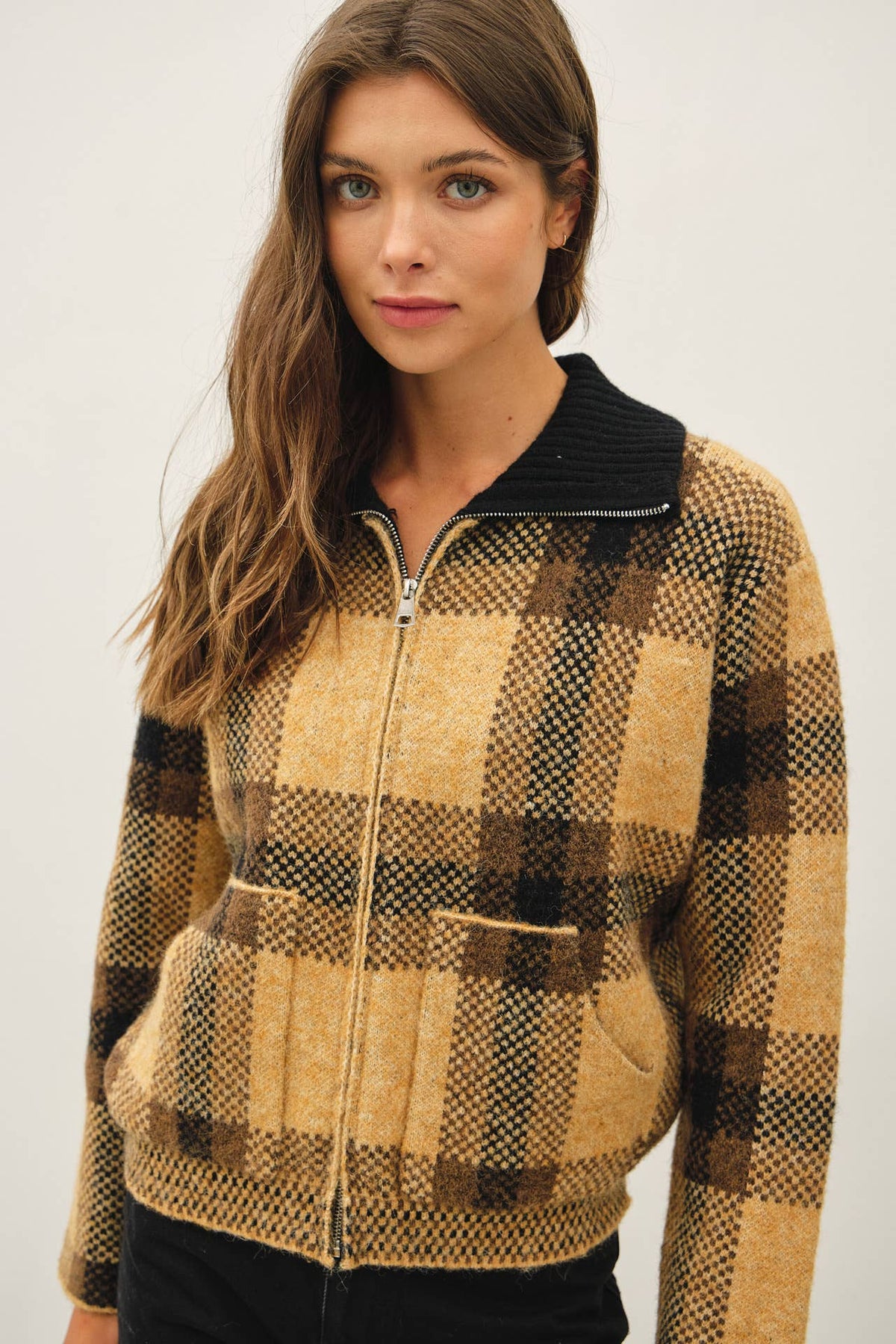 PLAID ZIP UP SWEATER JACKET
