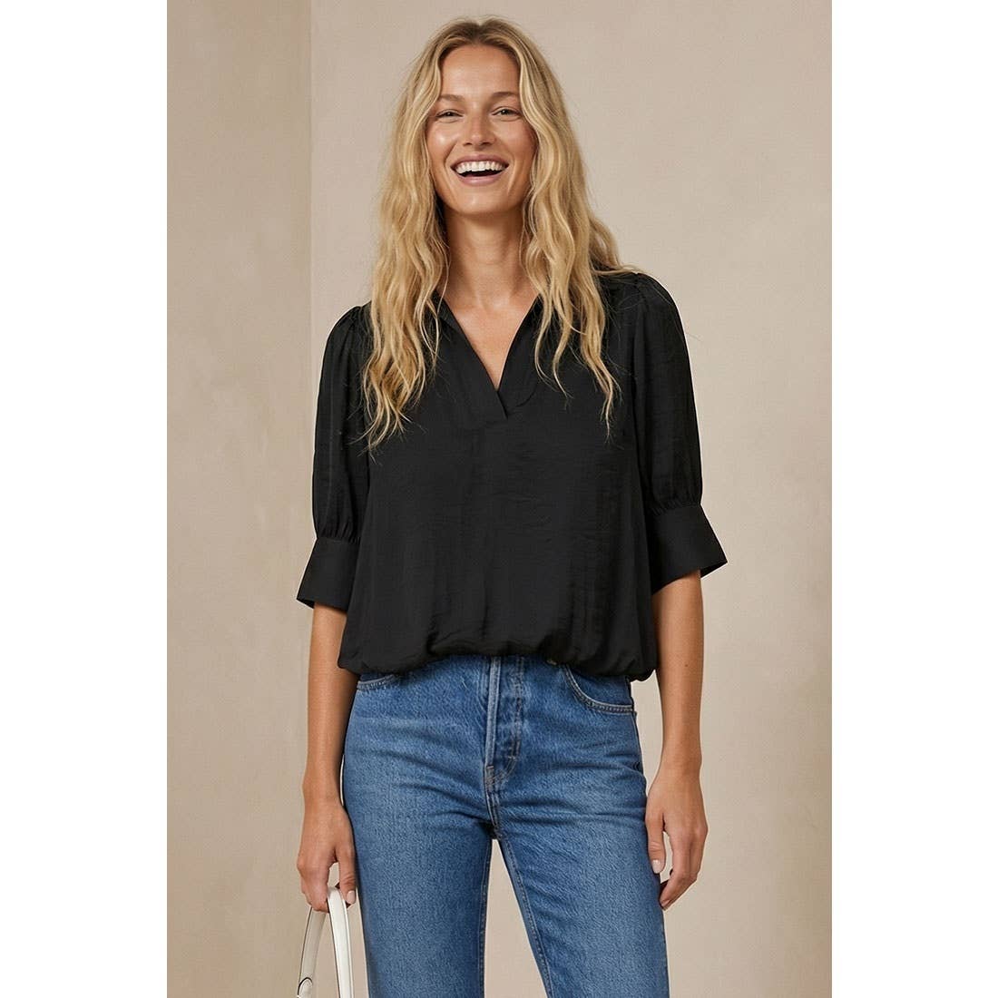 Half Sleeve Hi-lo Bubble Hem Blouse