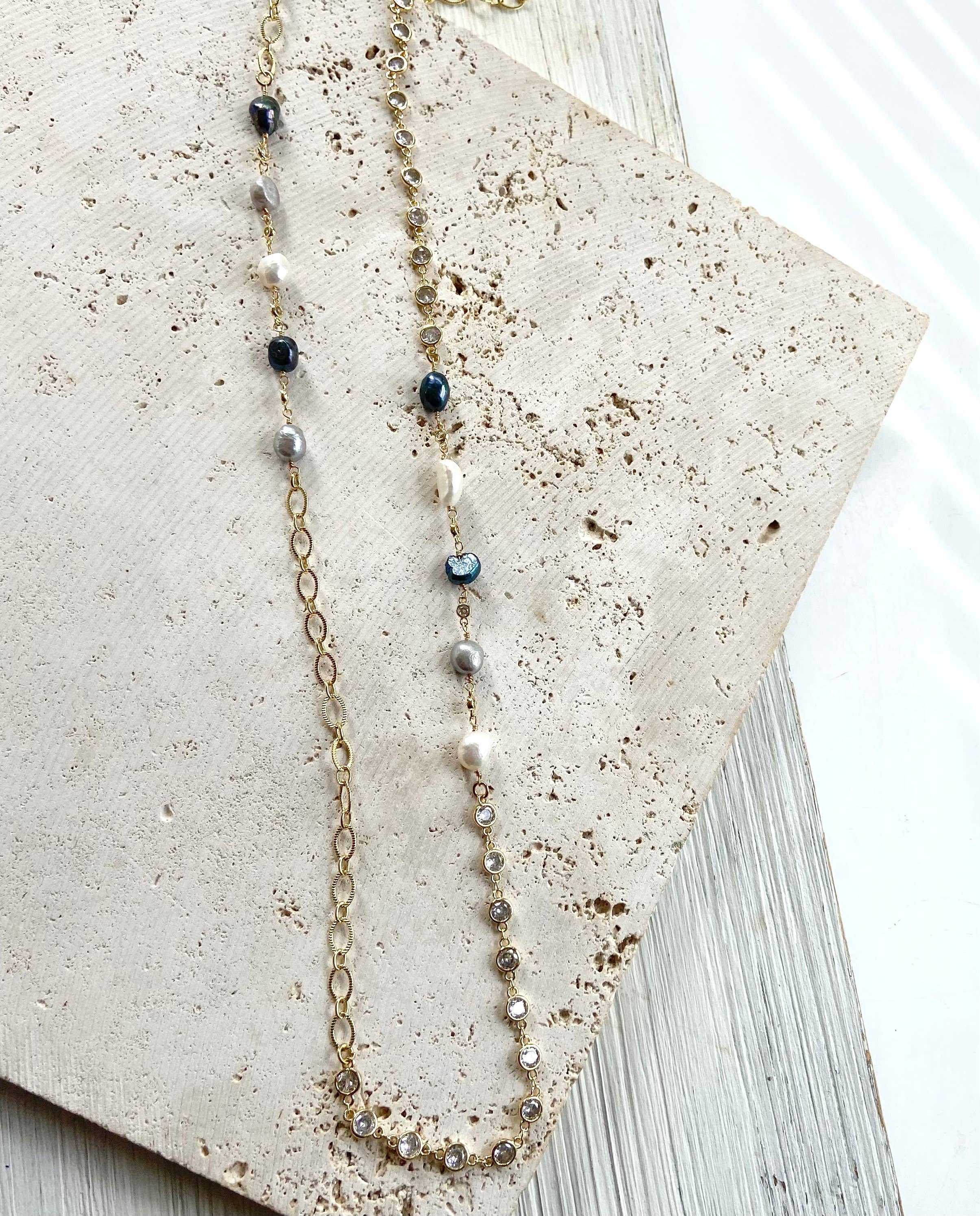 Denim Pearl & Crystal Necklace