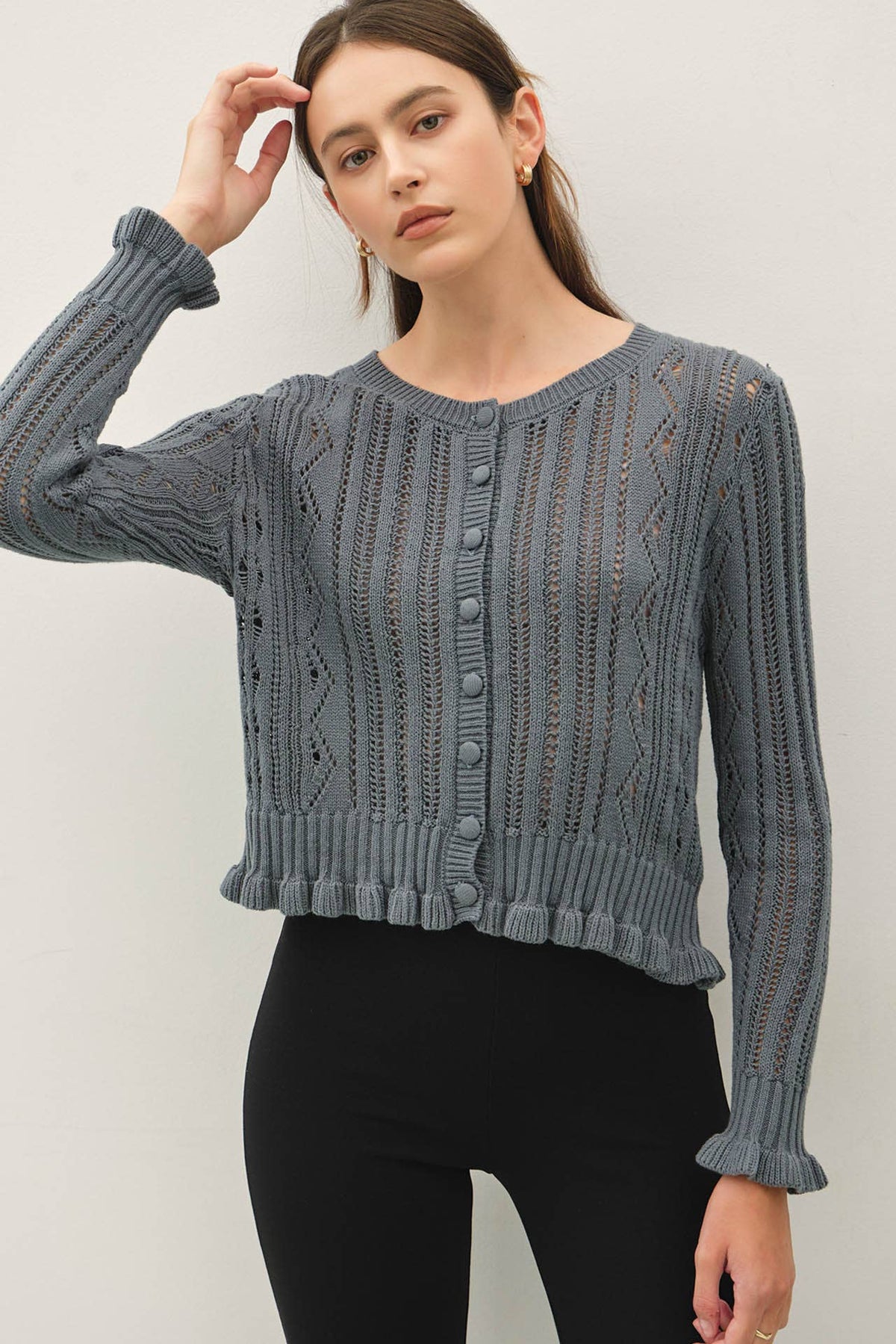 RUFFLED POINTELLE CARDIGAN
