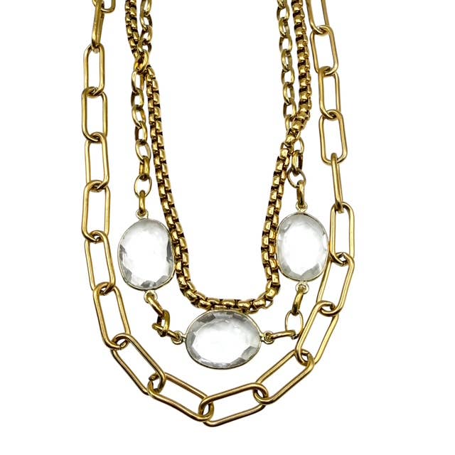 Genuine Gemstone Triple Strand Gold Necklace