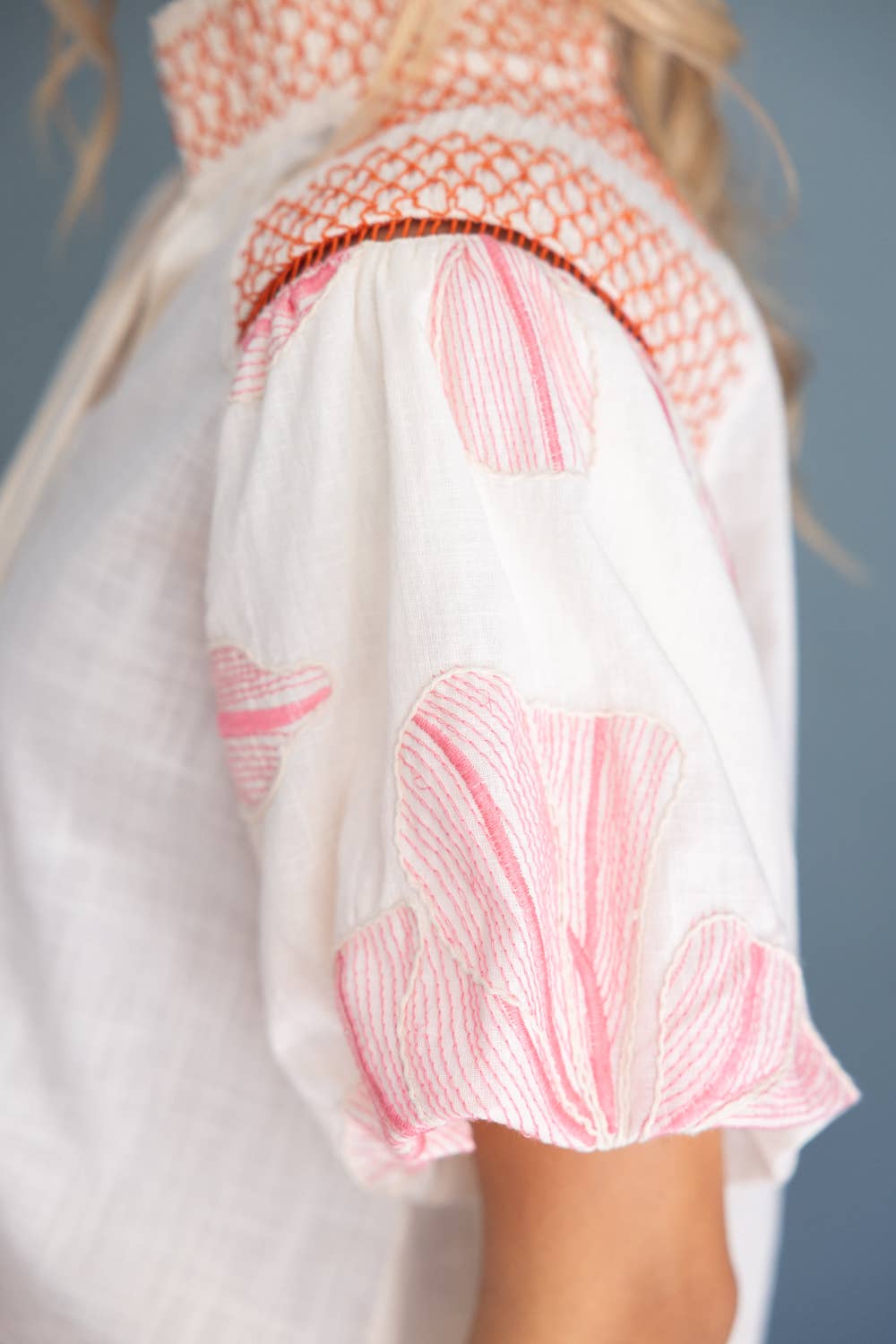 Embroidery Contrast Smocked Neck Top