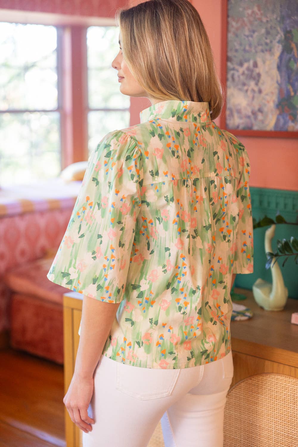 Stripe Placket Floral Print Top